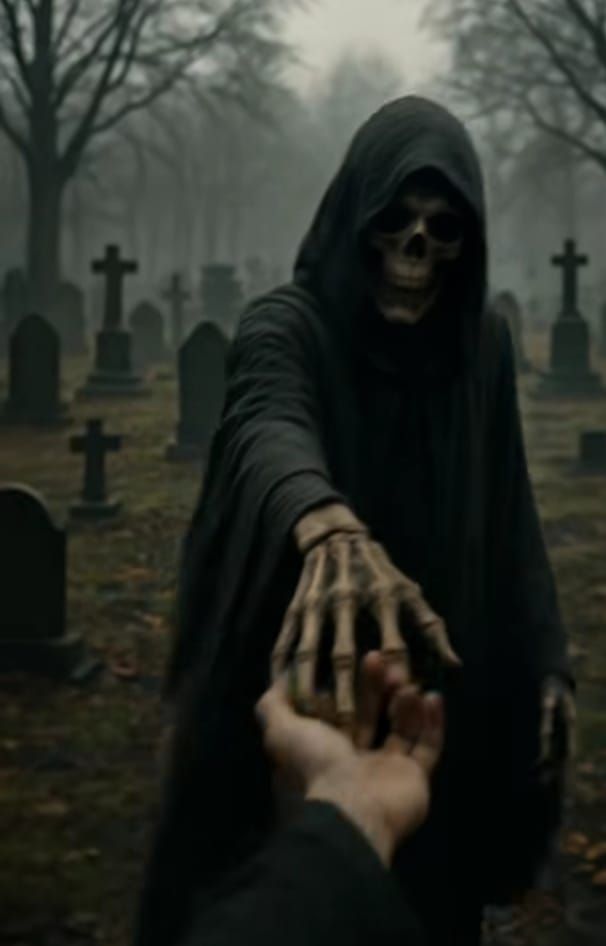 A skeletal hand reaching out to a living hand in a graveyard
