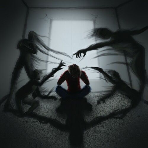 Shadow demons surrounding a person sitting on the floor
